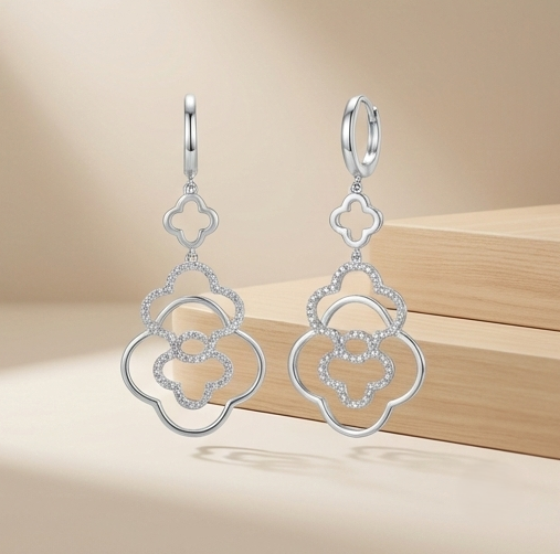 925 Sterling Silver Interlocking Quatrefoil Drop Earrings High Polish Rhodium Finish Minimalist Jewellery for Women
