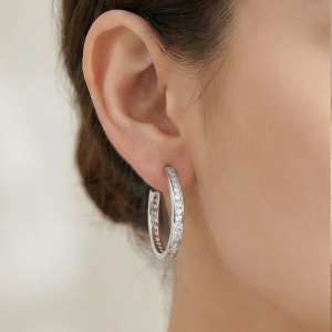 925 Sterling Silver Medium Channel Set Hoop Earrings High Polish Rhodium Finish Classic Jewellery for Women
