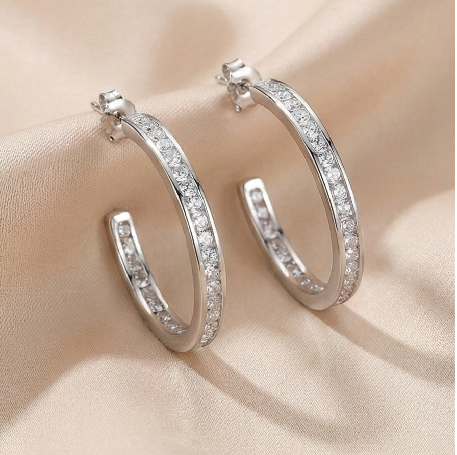 925 Sterling Silver Medium Channel Set Hoop Earrings High Polish Rhodium Finish Classic Jewellery for Women