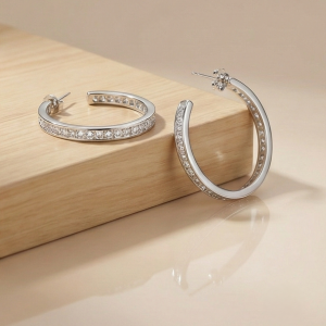 925 Sterling Silver Medium Channel Set Hoop Earrings High Polish Rhodium Finish Classic Jewellery for Women