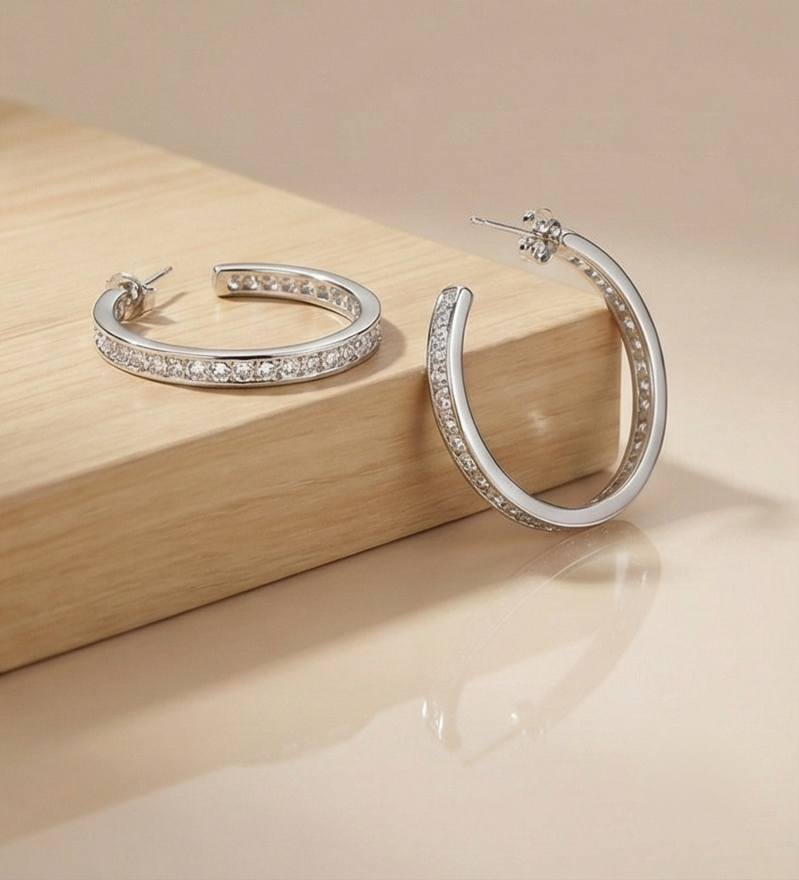 925 Sterling Silver Medium Channel Set Hoop Earrings High Polish Rhodium Finish Classic Jewellery for Women