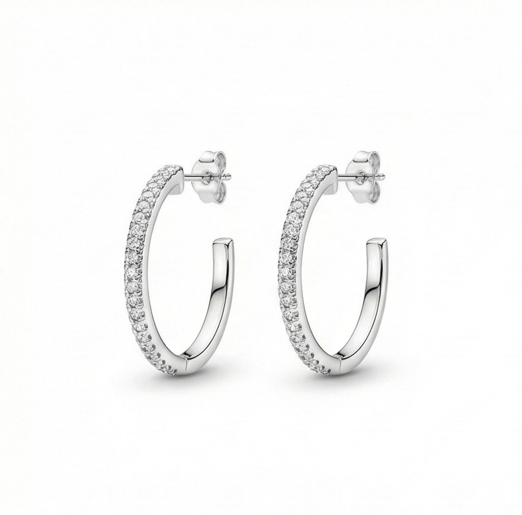 925 Sterling Silver Slim Pave Hoop Earrings High Polish Rhodium Finish Minimalist Jewellery for Women