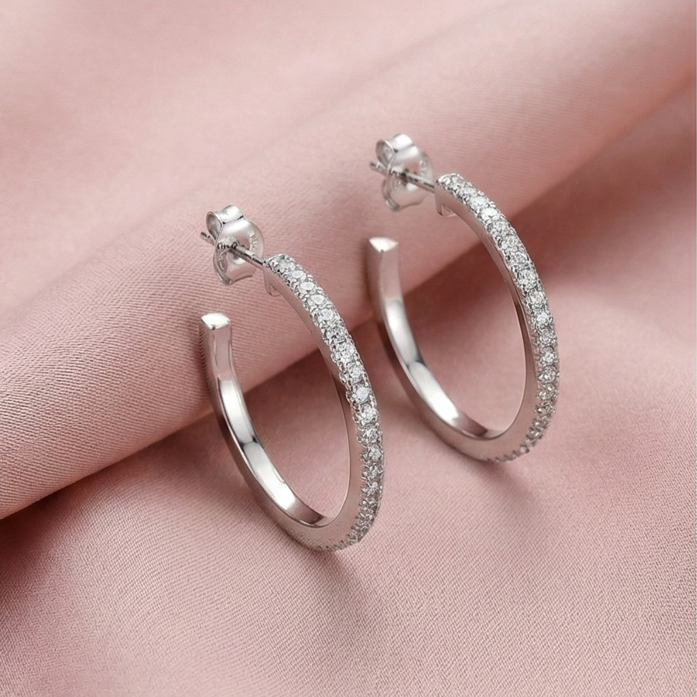 925 Sterling Silver Slim Pave Hoop Earrings High Polish Rhodium Finish Minimalist Jewellery for Women