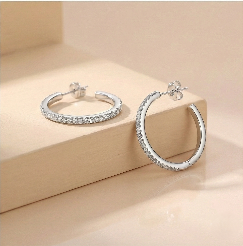 925 Sterling Silver Slim Pave Hoop Earrings High Polish Rhodium Finish Minimalist Jewellery for Women