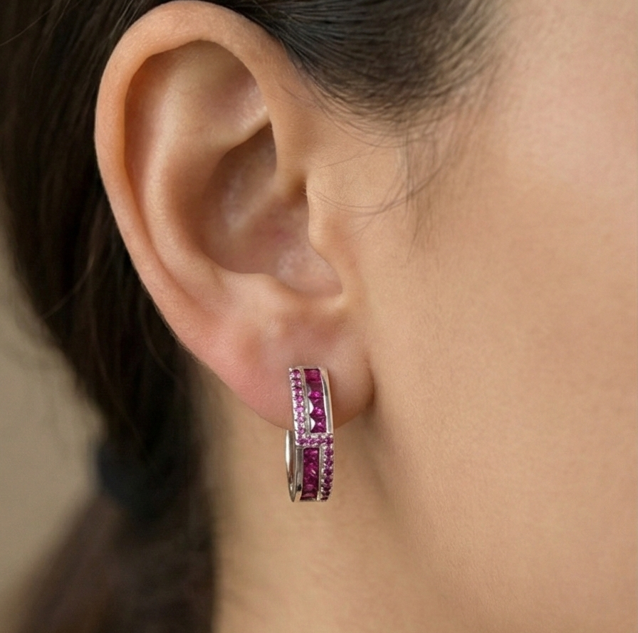 925 Sterling Silver Pink Huggie Hoop Earrings High Polish Rhodium Finish Fine Jewellery