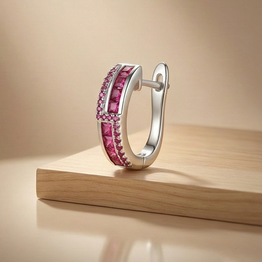 925 Sterling Silver Pink Huggie Hoop Earrings High Polish Rhodium Finish Fine Jewellery