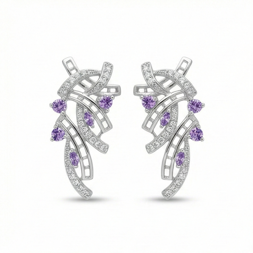 925 Sterling Silver Abstract Ribbon Drop Earrings with Purple Accents High Polish Rhodium Finish Statement Jewellery