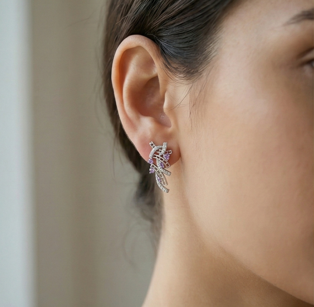 925 Sterling Silver Abstract Ribbon Drop Earrings with Purple Accents High Polish Rhodium Finish Statement Jewellery
