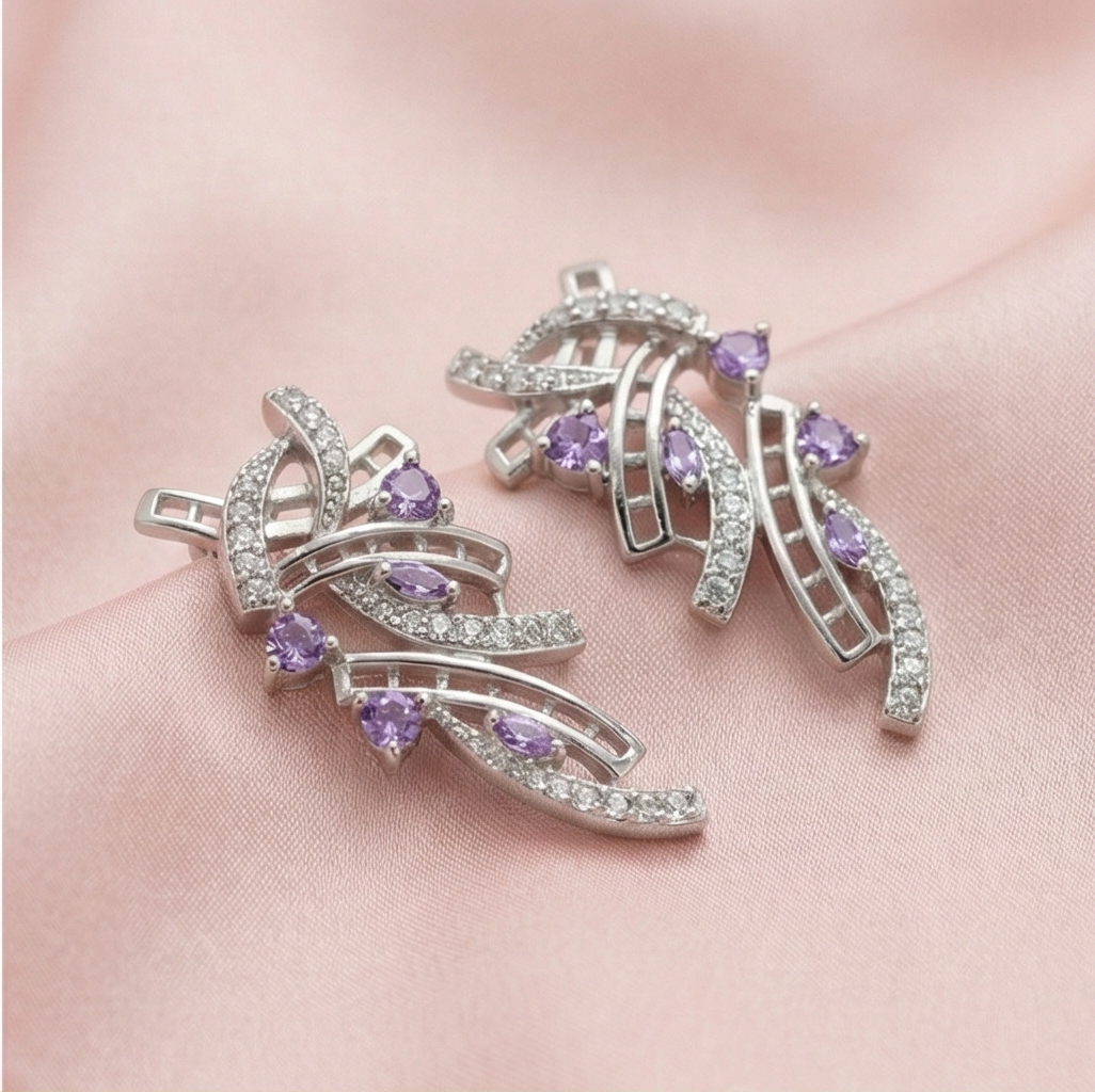 925 Sterling Silver Abstract Ribbon Drop Earrings with Purple Accents High Polish Rhodium Finish Statement Jewellery