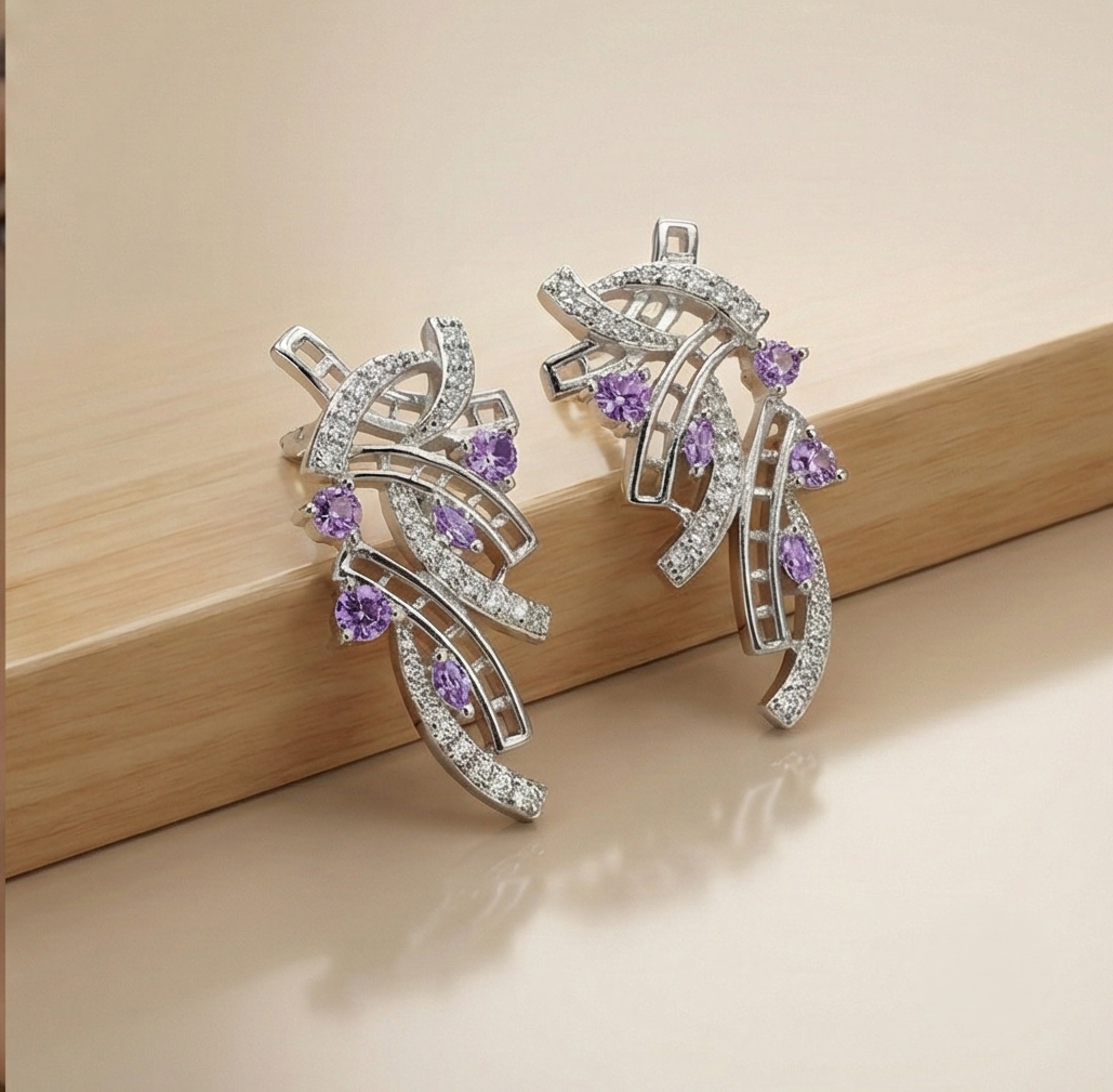 925 Sterling Silver Abstract Ribbon Drop Earrings with Purple Accents High Polish Rhodium Finish Statement Jewellery