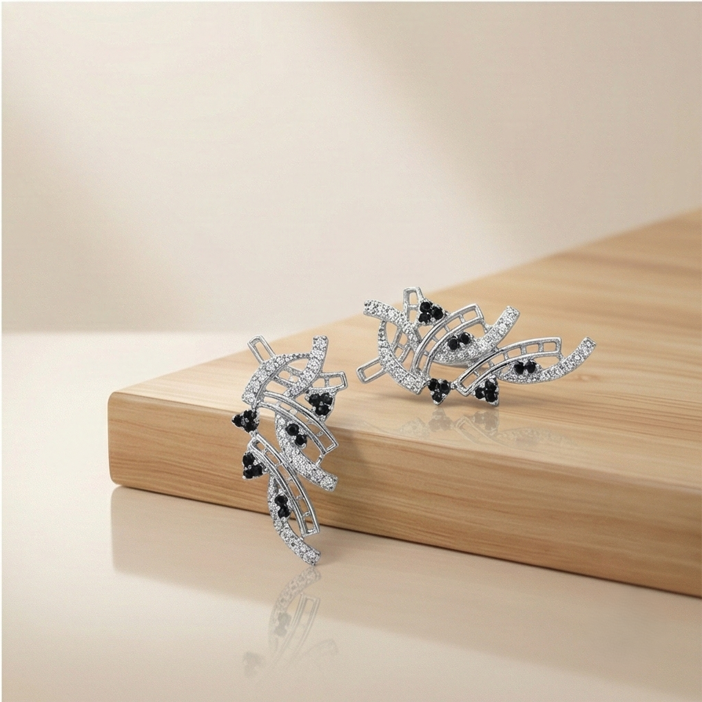 925 Sterling Silver Abstract Ribbon Drop Earrings with Black Accents High Polish Rhodium Finish Fine Jewellery for Women
