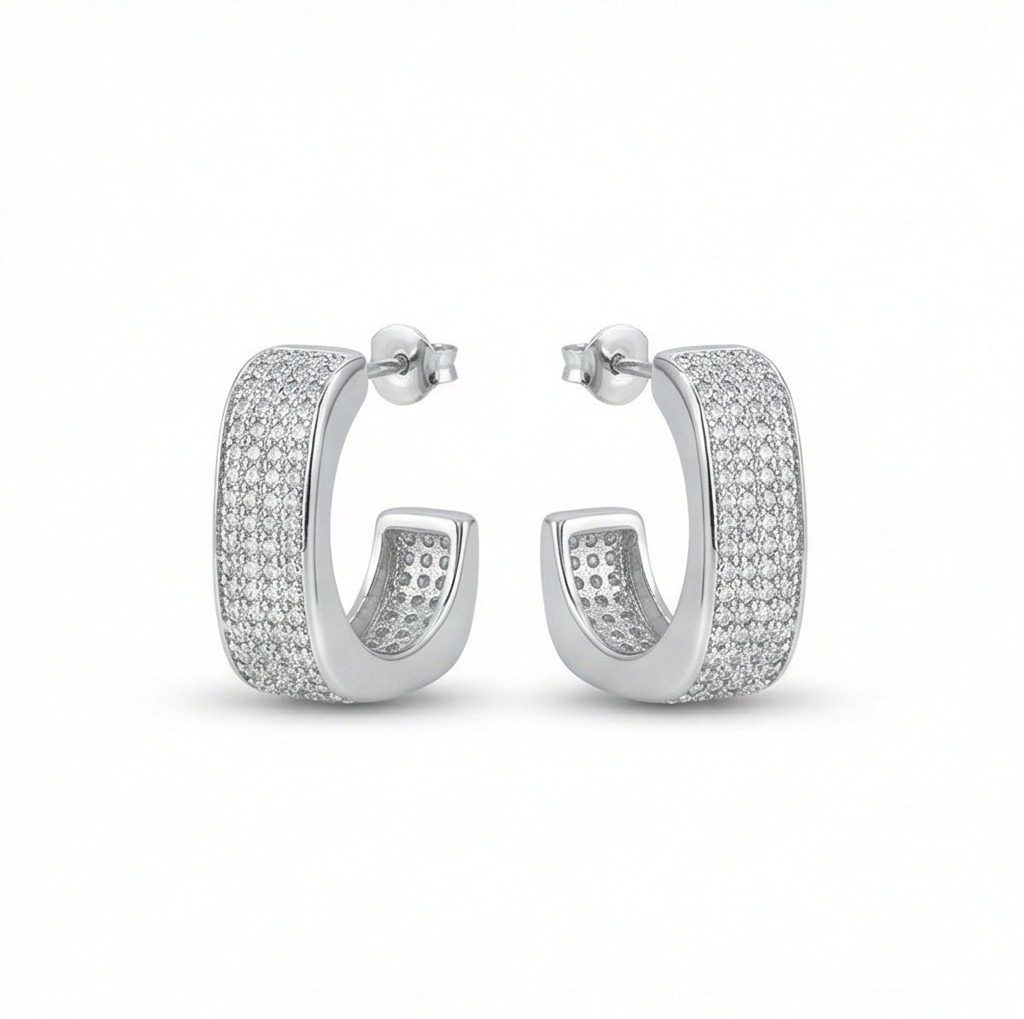 925 Sterling Silver Wide Pave Hoop Earrings for Women High Polish Rhodium Finish Jewellery