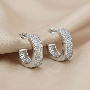 925 Sterling Silver Wide Pave Hoop Earrings for Women High Polish Rhodium Finish Jewellery