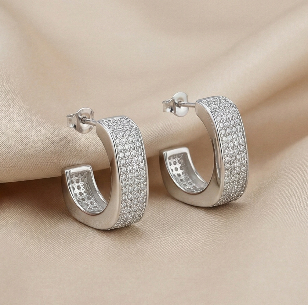 925 Sterling Silver Wide Pave Hoop Earrings for Women High Polish Rhodium Finish Jewellery