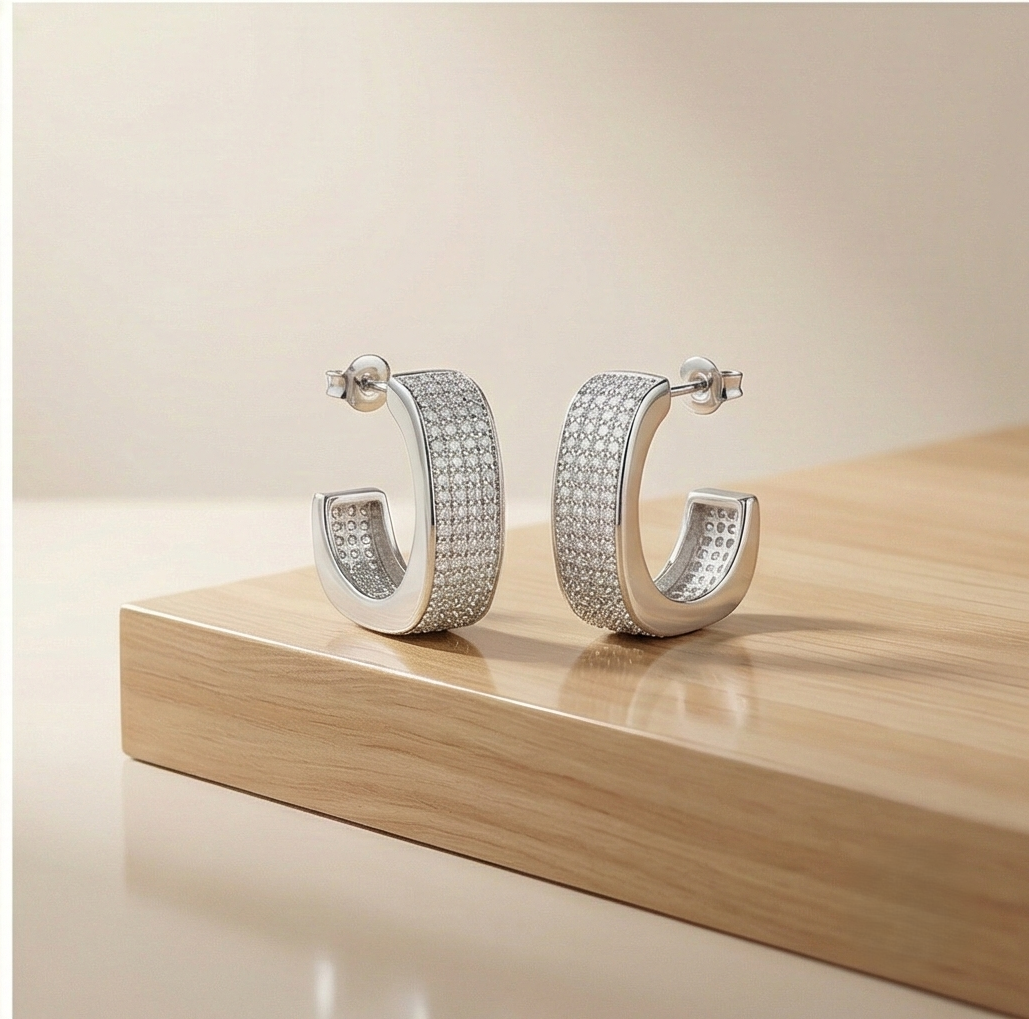 925 Sterling Silver Wide Pave Hoop Earrings for Women High Polish Rhodium Finish Jewellery