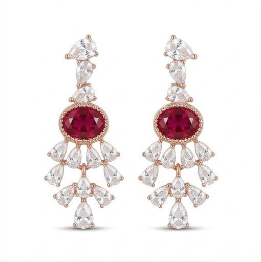 Crimson Chandelier Drop Earrings in 925 Sterling Silver with Rose Gold Finish - Exquisite Women's Jewellery