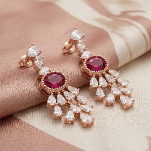 Crimson Chandelier Drop Earrings in 925 Sterling Silver with Rose Gold Finish - Exquisite Women's Jewellery