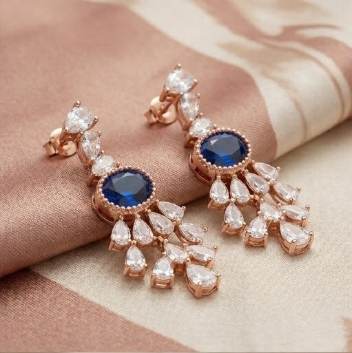 Sapphire Blue Chandelier Drop Earrings in 925 Sterling Silver with Rose Gold Finish - Sophisticated Women's Jewellery