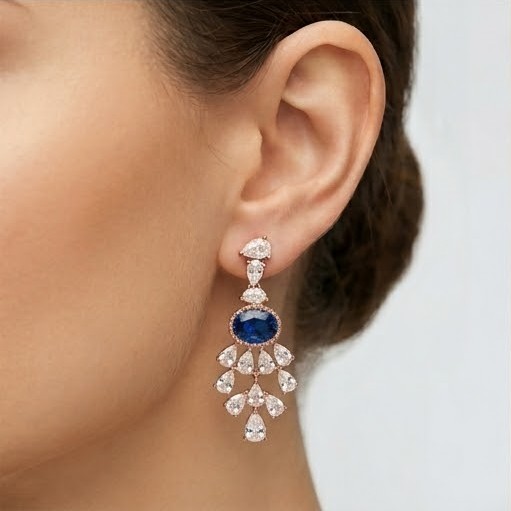 Sapphire Blue Chandelier Drop Earrings in 925 Sterling Silver with Rose Gold Finish - Sophisticated Women's Jewellery