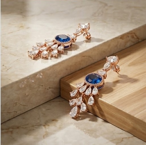 Sapphire Blue Chandelier Drop Earrings in 925 Sterling Silver with Rose Gold Finish - Sophisticated Women's Jewellery