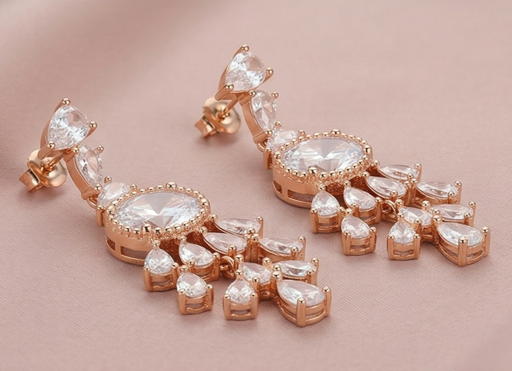 Radiant Chandelier Teardrop Earrings in 925 Sterling Silver with Rose Gold Finish - Bridal Women's Jewellery