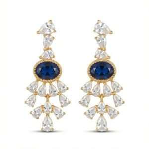 Majestic Oval Blue Statement Drop Earrings in 925 Sterling Silver with Gold Finish - Luxury Women's Jewellery