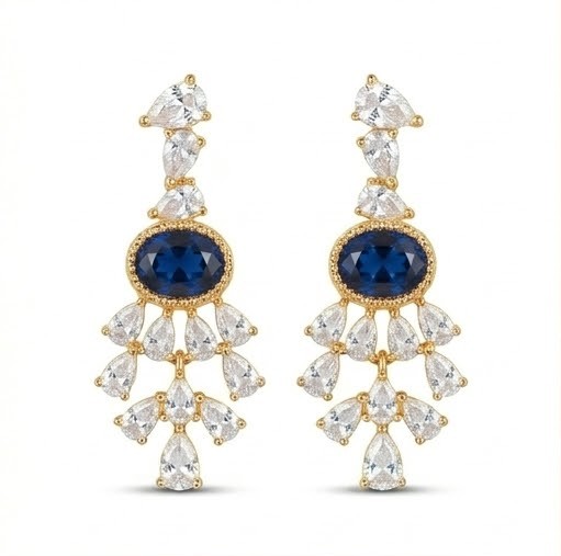 Majestic Oval Blue Statement Drop Earrings in 925 Sterling Silver with Gold Finish - Luxury Women's Jewellery