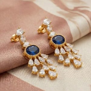 Majestic Oval Blue Statement Drop Earrings in 925 Sterling Silver with Gold Finish - Luxury Women's Jewellery