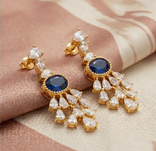 Majestic Oval Blue Statement Drop Earrings in 925 Sterling Silver with Gold Finish - Luxury Women's Jewellery