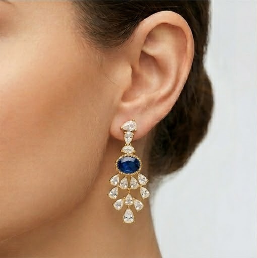 Majestic Oval Blue Statement Drop Earrings in 925 Sterling Silver with Gold Finish - Luxury Women's Jewellery