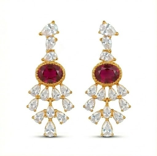 Royal Oval Red Statement Drop Earrings in 925 Sterling Silver with Gold Finish - Elegant Women's Jewellery