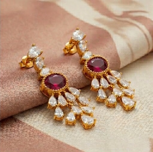 Royal Oval Red Statement Drop Earrings in 925 Sterling Silver with Gold Finish - Elegant Women's Jewellery