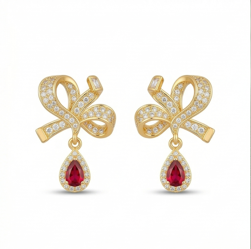 Romantic Bow Teardrop Earrings in 925 Sterling Silver with Gold Finish - Delicate Women's Jewellery