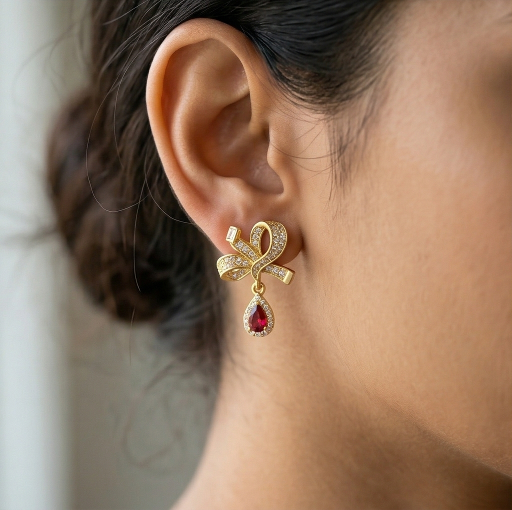 Romantic Bow Teardrop Earrings in 925 Sterling Silver with Gold Finish - Delicate Women's Jewellery