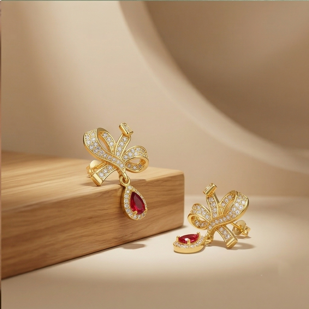 Romantic Bow Teardrop Earrings in 925 Sterling Silver with Gold Finish - Delicate Women's Jewellery