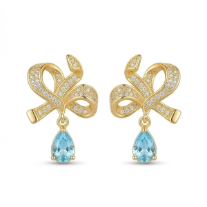 Graceful Bow Light Blue Drop Earrings in 925 Sterling Silver with Gold Finish - Chic Women's Jewellery