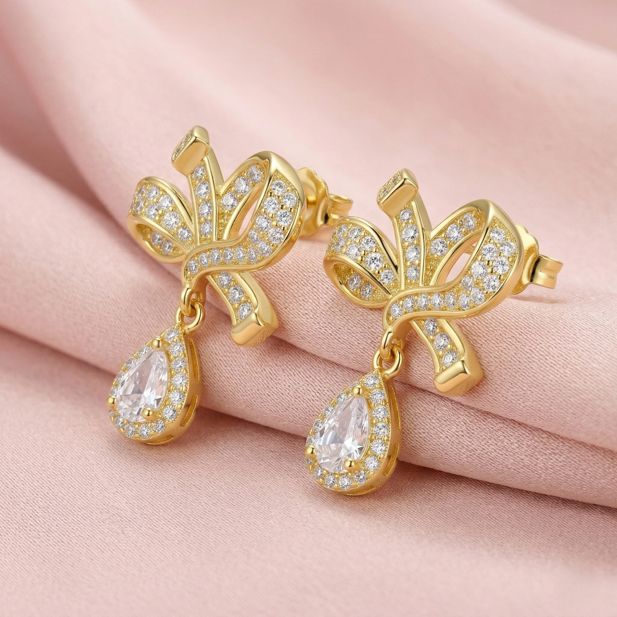 Elegant Bow Drop Earrings in 925 Sterling Silver with Gold Finish - Classic Women's Jewellery