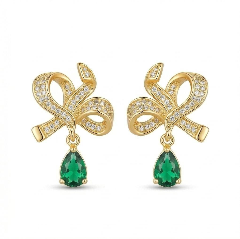 Vintage Bow Emerald Green Drop Earrings in 925 Sterling Silver with Gold Finish - Premium Women's Jewellery