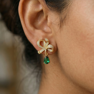 Vintage Bow Emerald Green Drop Earrings in 925 Sterling Silver with Gold Finish - Premium Women's Jewellery