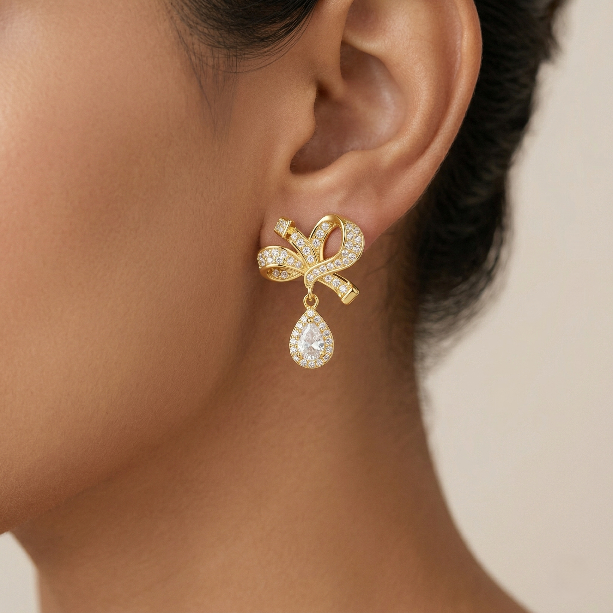 Elegant Bow Drop Earrings in 925 Sterling Silver with Gold Finish - Classic Women's Jewellery