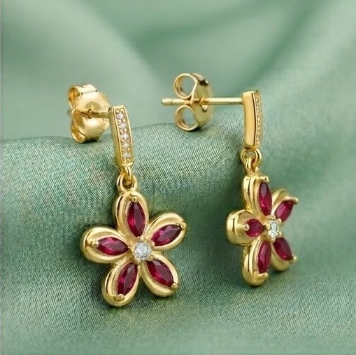 925 Sterling Silver Red Floral Drop Earrings in Yellow Gold Finish Women's Fine Jewellery