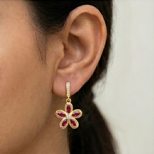 925 Sterling Silver Red Floral Drop Earrings in Yellow Gold Finish Women's Fine Jewellery