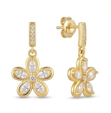 Floral Marquise Drop Earrings in 925 Sterling Silver with Gold Finish - Dainty Women's Jewellery