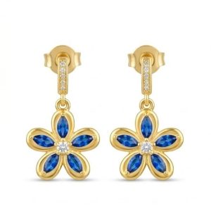 925 Sterling Silver Blue Floral Drop Earrings in Yellow Gold Finish Women's Jewellery