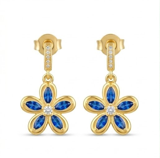 925 Sterling Silver Blue Floral Drop Earrings in Yellow Gold Finish Women's Jewellery