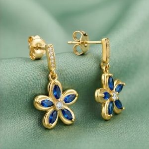 925 Sterling Silver Blue Floral Drop Earrings in Yellow Gold Finish Women's Jewellery