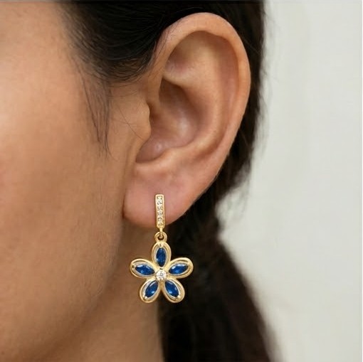 925 Sterling Silver Blue Floral Drop Earrings in Yellow Gold Finish Women's Jewellery
