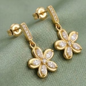 Floral Marquise Drop Earrings in 925 Sterling Silver with Gold Finish - Dainty Women's Jewellery