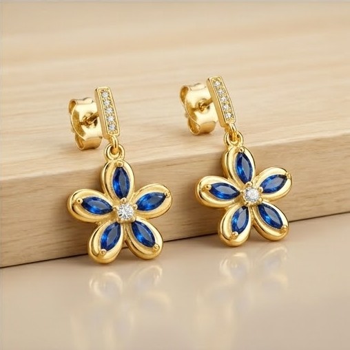 925 Sterling Silver Blue Floral Drop Earrings in Yellow Gold Finish Women's Jewellery
