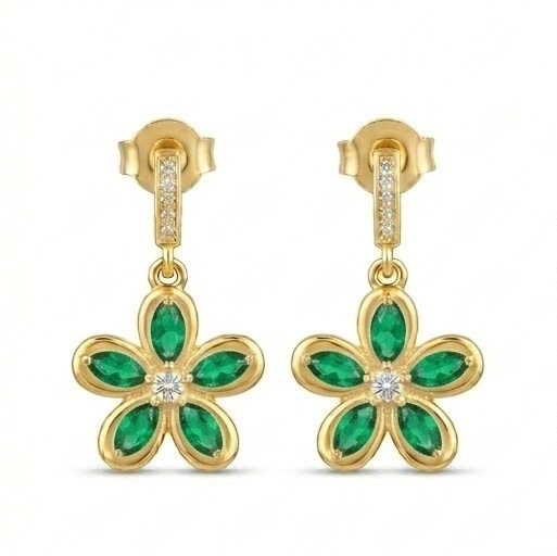 925 Sterling Silver Green Floral Drop Earrings in Yellow Gold Finish Fine Jewellery